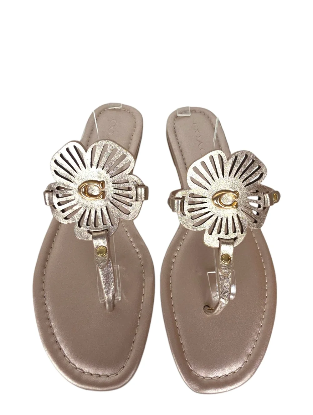 Coach Rose Gold Leather Floral Thong Sandals - Picture 2 of 9